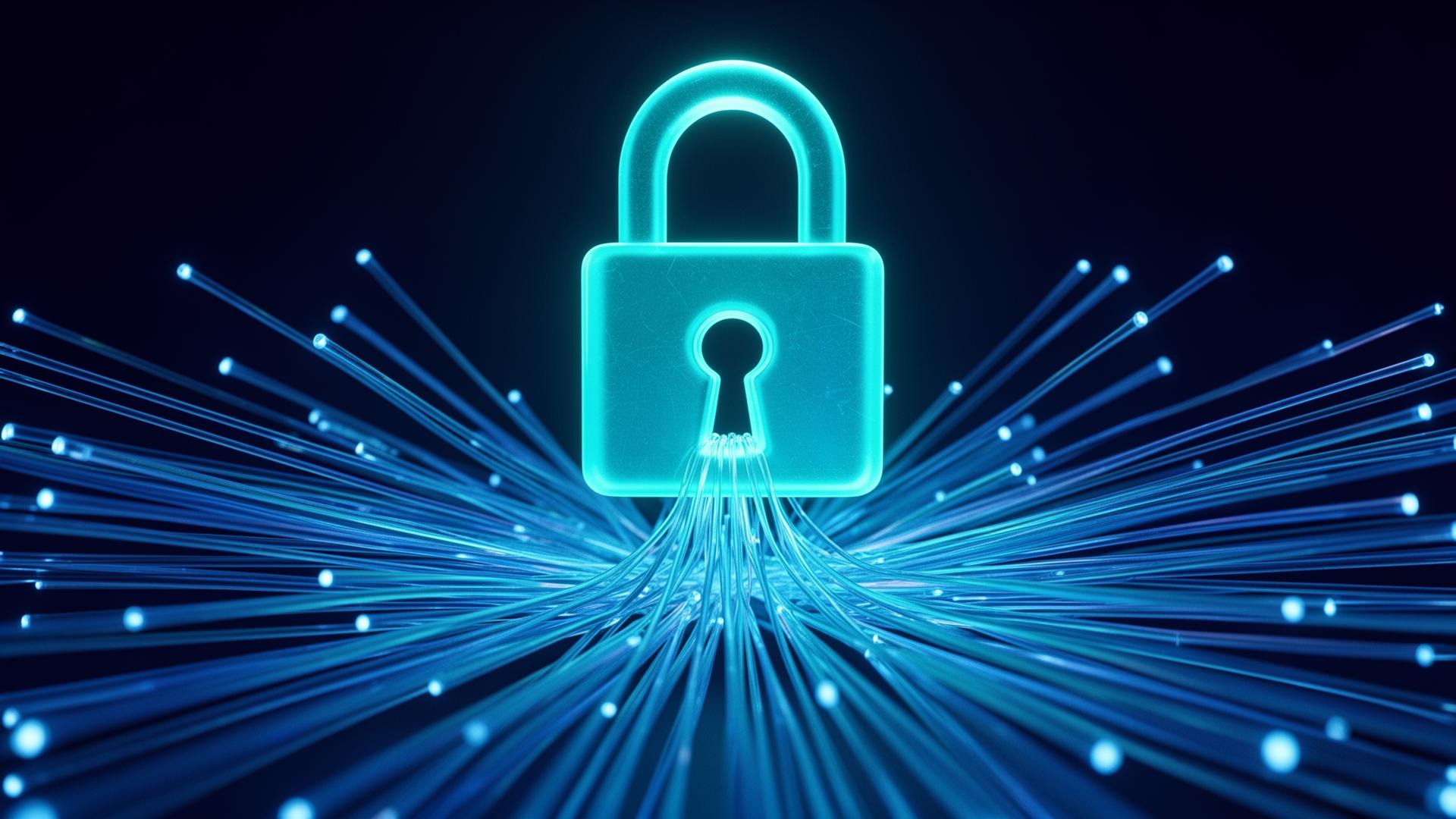 A glowing cyan padlock keyhole symbol above a fan of fibre-optic strands