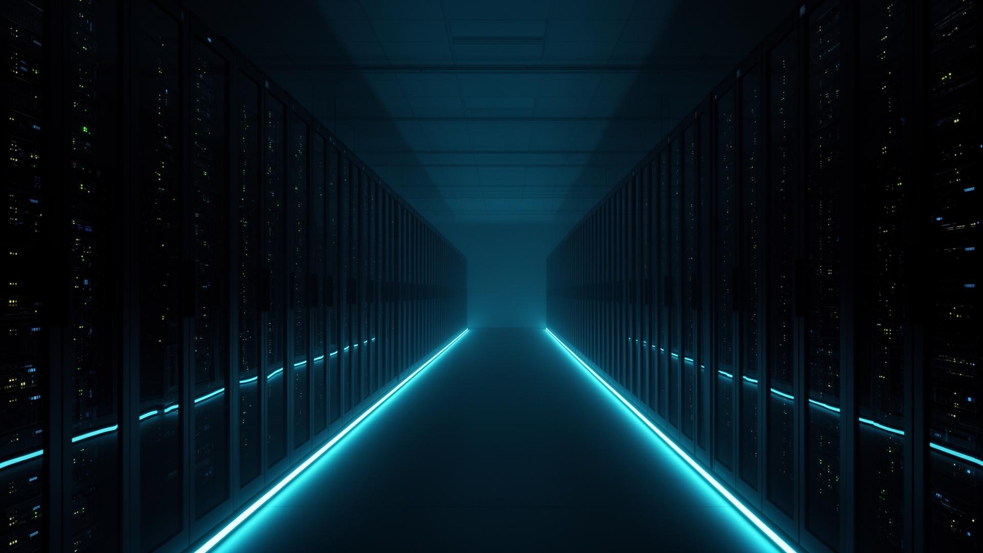 A symmetrical view down a high-security data centre aisle, racks lit by deep cyan strip lighting