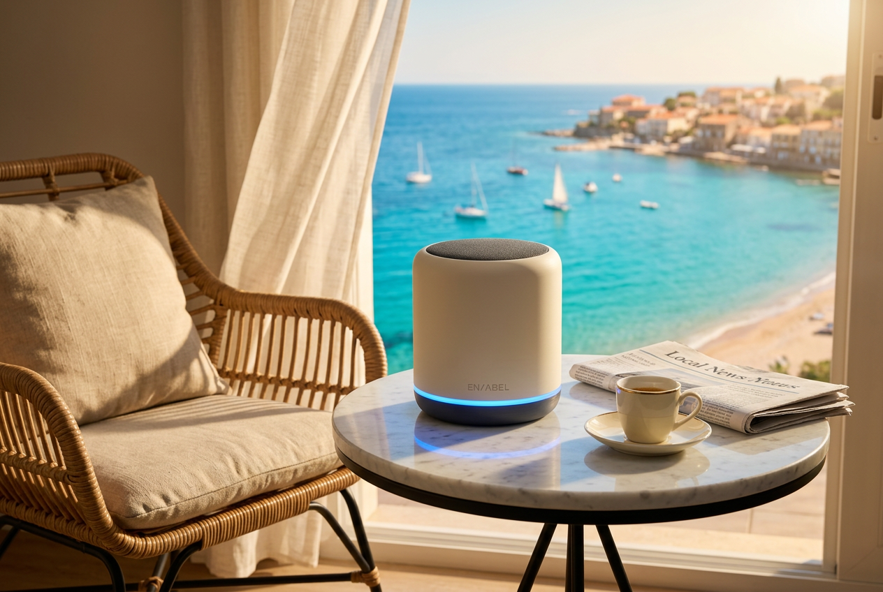 EN/ABEL HomePod on a marble side table on a Mediterranean apartment balcony above the beach.