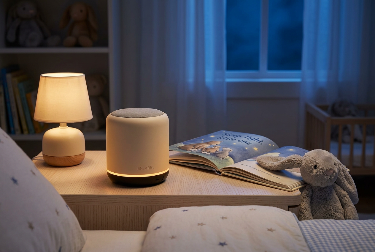 EN/ABEL HomePod on a child's bedside table beside a storybook and lamp at night.