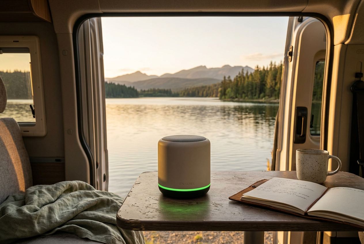 EN/ABEL HomePod inside a campervan beside a lake at golden hour.
