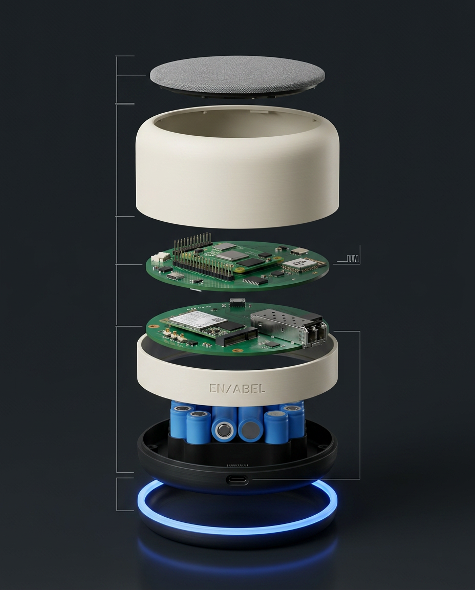 Exploded three-board stack: top mic and LED layer, middle compute and mesh layer, lower WAN and radio layer, base power and battery layer