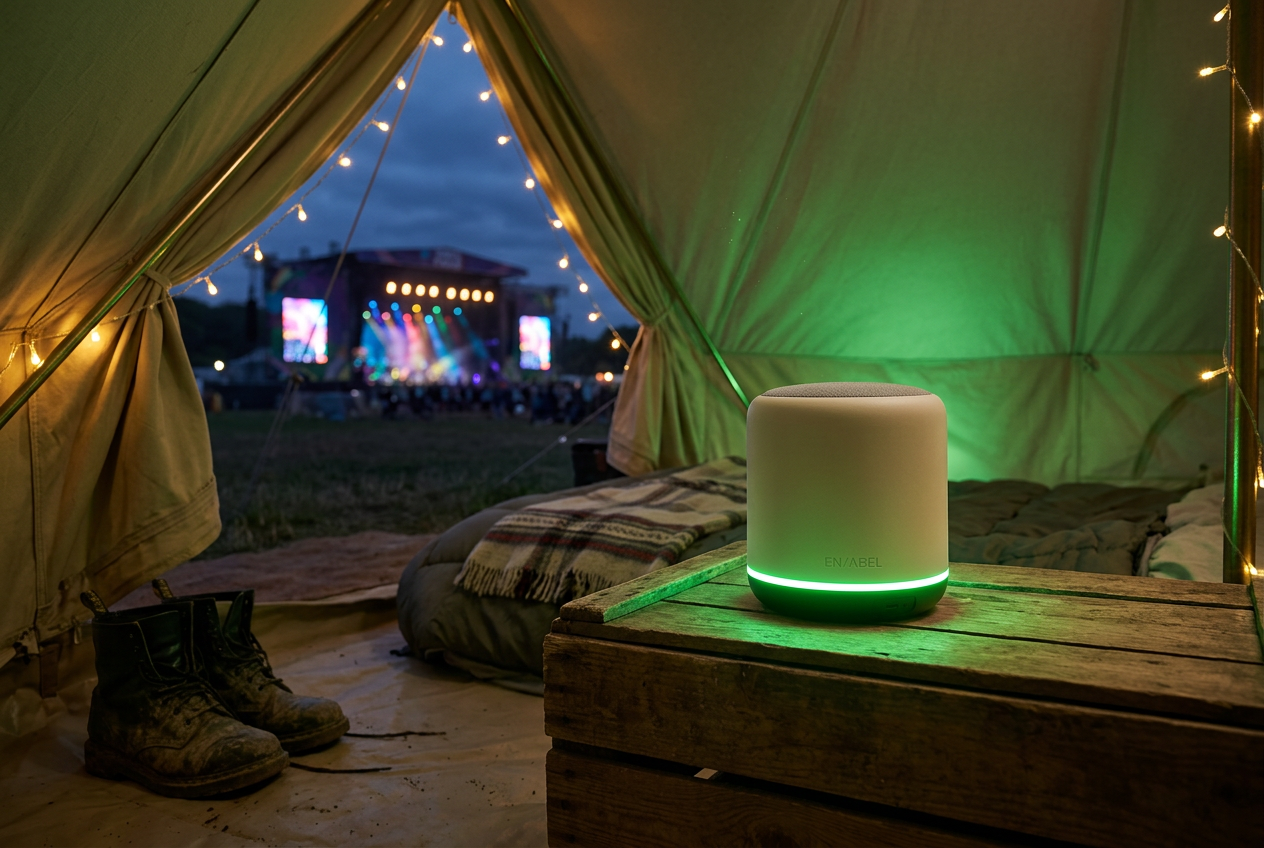 EN/ABEL HomePod glowing inside a festival tent with stage lights in the distance.