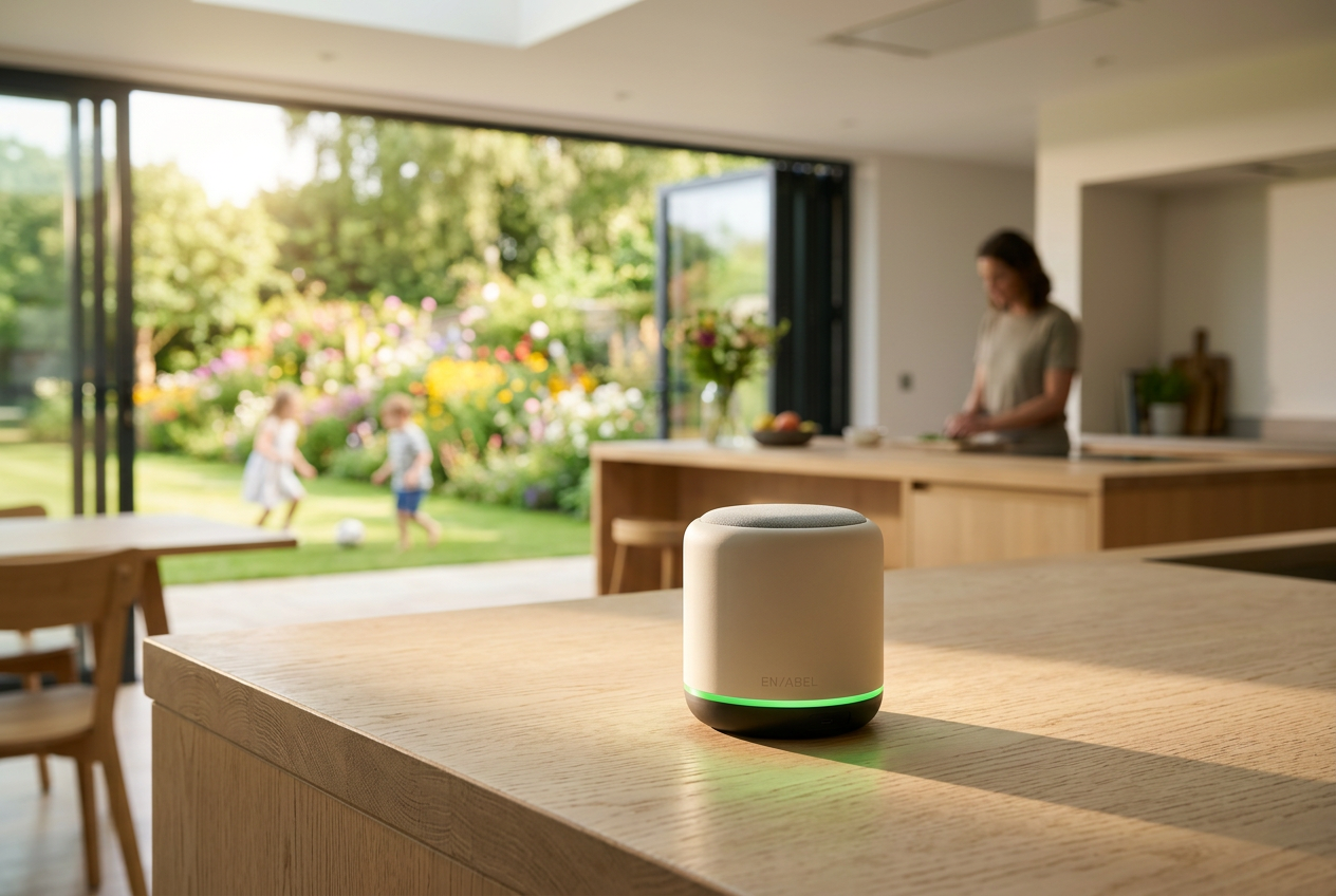 EN/ABEL HomePod on a modern kitchen island with garden view