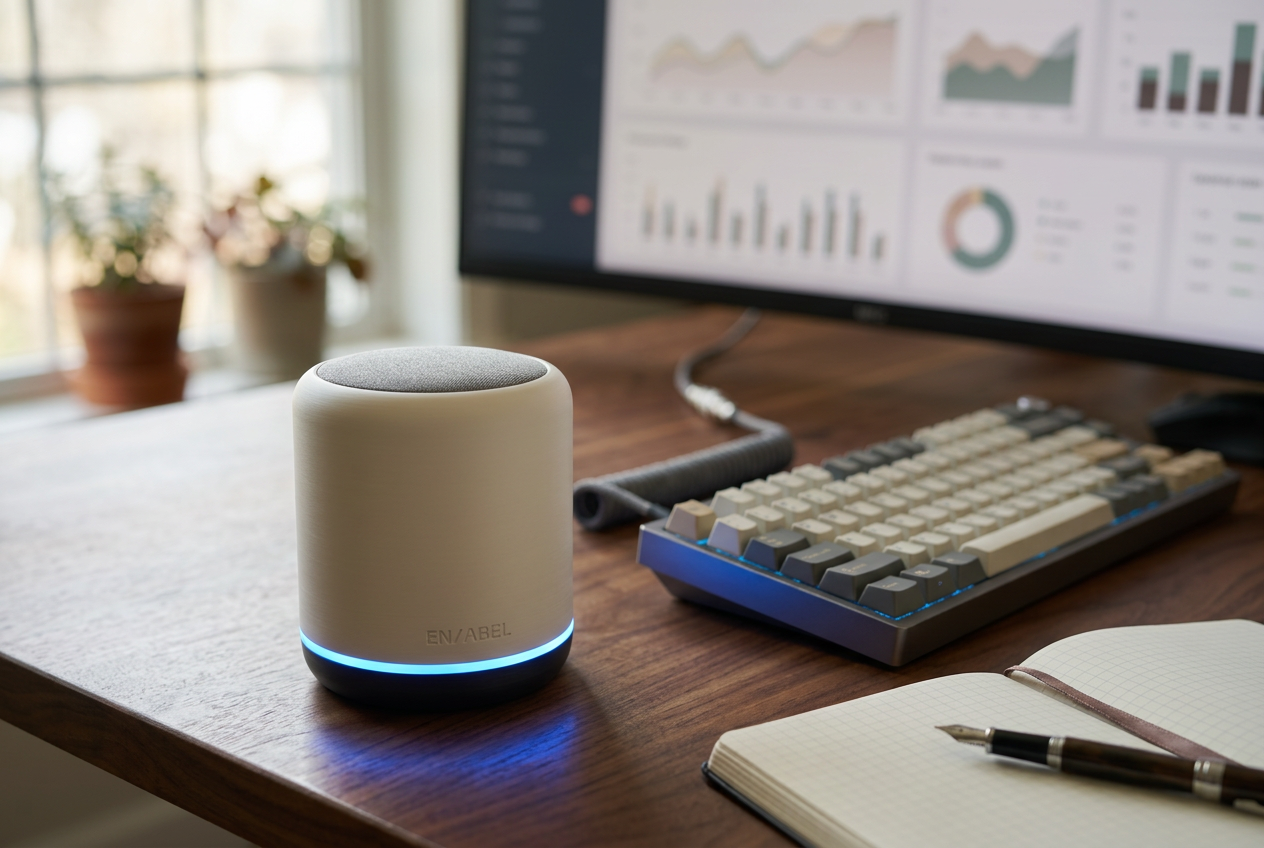 EN/ABEL HomePod on a walnut desk beside a keyboard and monitor in a home office.