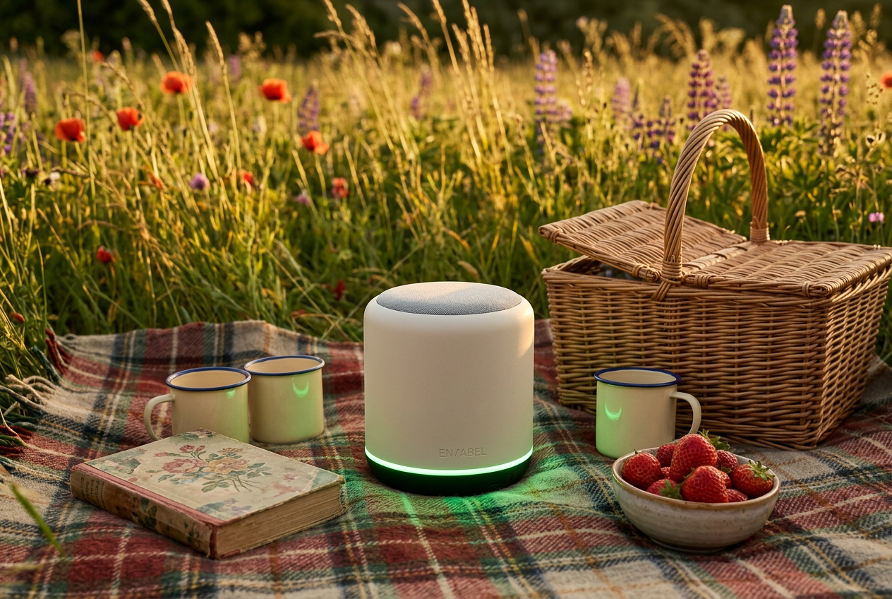EN/ABEL HomePod on a picnic blanket in a wildflower meadow beside mugs, strawberries and a basket.