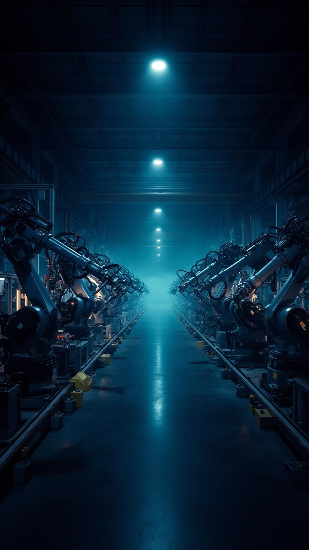 Smart factory floor at night with two converging rows of robotic arms under cyan light
